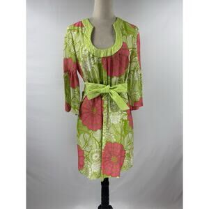 Trina Turk Bonita Silk Dress Green White Pink Floral Print 4 Belted Midi Retro
